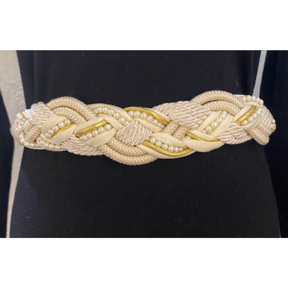 USED Vintage Cream/Off White Braided Woven Cord Belt with pearl & gold detailing - Picture 7 of 8